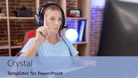  Presentation with video games playing - Slide set enhanced with young-caucasian-woman-playing-video background and a  colored foreground