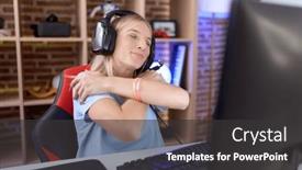  Presentation with confident love - PPT theme with young-caucasian-woman-playing-video background and a dark gray colored foreground