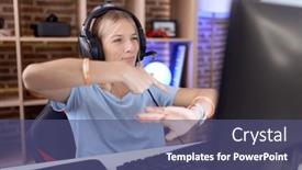  Presentation with video games playing - Presentation theme with young-caucasian-woman-playing-video background and a ocean colored foreground