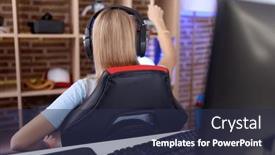  Presentation with video games playing - Presentation design featuring young-caucasian-woman-playing-video background and a tawny brown colored foreground