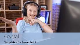  Presentation with video games playing - Slides enhanced with young-caucasian-woman-playing-video background and a light blue colored foreground