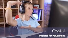  Presentation with video games playing - Presentation enhanced with young-caucasian-woman-playing-video background and a  colored foreground