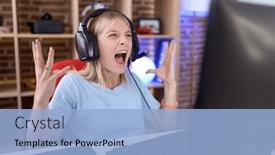  Presentation with video games playing - Theme having young-caucasian-woman-playing-video background and a light blue colored foreground