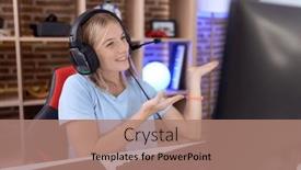  Presentation with video games playing - PPT theme having young-caucasian-woman-playing-video background and a coral colored foreground