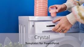  Presentation with laundry detergent - Slides enhanced with young-caucasian-woman-pouring-detergent background and a light gray colored foreground