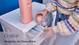  Presentation with laundry detergent - PPT theme enhanced with young-caucasian-woman-pouring-detergent background and a light gray colored foreground