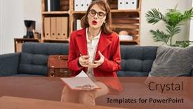  Presentation with speaking - Slide deck having young-caucasian-woman-psychologist-speaking background and a red colored foreground