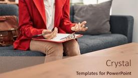  Presentation with psychology - PPT layouts having young-caucasian-woman-psychologist-writing background and a coral colored foreground