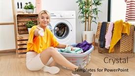  Presentation with hand washing - Presentation design consisting of young-caucasian-woman-putting-dirty background and a coral colored foreground
