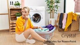  Presentation with machine - Presentation theme featuring young-caucasian-woman-putting-dirty background and a  colored foreground