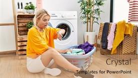  Presentation with time machine - PPT layouts consisting of young-caucasian-woman-putting-dirty background and a coral colored foreground