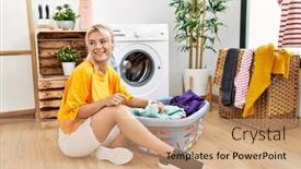  Presentation with machine - PPT theme featuring young-caucasian-woman-putting-dirty background and a coral colored foreground