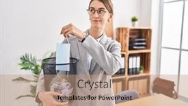  Presentation with safety - PPT theme featuring young-caucasian-woman-putting-safety background and a coral colored foreground