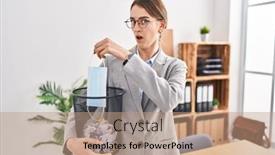  Presentation with bin - PPT theme with young-caucasian-woman-putting-safety background and a coral colored foreground