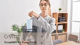  Presentation with bin - Slides having young-caucasian-woman-putting-safety background and a  colored foreground