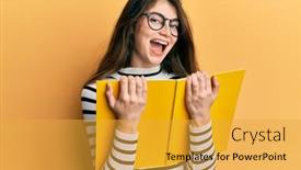  Presentation with book glasses - Slide deck having young-caucasian-woman-reading background and a yellow colored foreground