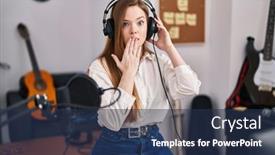  Presentation with recording studio - PPT layouts having young-caucasian-woman-recording-song background and a  colored foreground