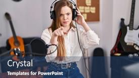  Presentation with recording studio - Presentation theme consisting of young-caucasian-woman-recording-song background and a ocean colored foreground