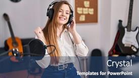  Presentation with recording studio - Presentation enhanced with young-caucasian-woman-recording-song background and a ocean colored foreground