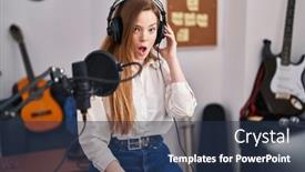  Presentation with recording studio - Slides consisting of young-caucasian-woman-recording-song background and a tawny brown colored foreground