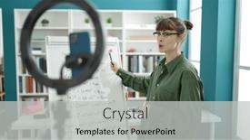  Presentation with magnetic - PPT theme having young-caucasian-woman-recording-teaching background and a light gray colored foreground