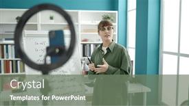  Presentation with magnetic - PPT theme having young-caucasian-woman-recording-teaching background and a gray colored foreground