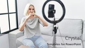  Presentation with romantic love - Theme enhanced with young-caucasian-woman-recording-vlog background and a light gray colored foreground