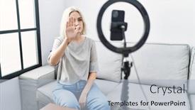  Presentation with hand palm - Presentation enhanced with young-caucasian-woman-recording-vlog background and a light blue colored foreground