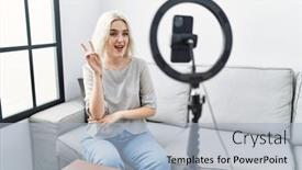  Presentation with recording - PPT theme featuring young-caucasian-woman-recording-vlog background and a  colored foreground
