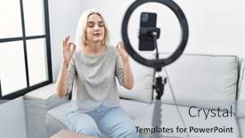  Presentation with recording - PPT theme with young-caucasian-woman-recording-vlog background and a light blue colored foreground