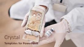  Presentation with covid vaccine - PPT theme enhanced with young-caucasian-woman-scientist-holding background and a coral colored foreground