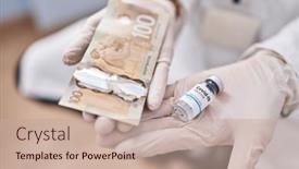  Presentation with covid - PPT theme having young-caucasian-woman-scientist-holding background and a coral colored foreground