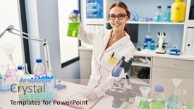  Presentation with measuring - Presentation theme featuring young-caucasian-woman-scientist-measuring background and a lemonade colored foreground