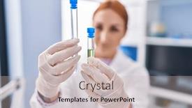  Presentation with tubes - Slide set with young-caucasian-woman-scientist-measuring background and a soft green colored foreground