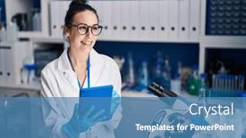  Presentation with scientist - PPT layouts featuring young-caucasian-woman-scientist-smiling background and a teal colored foreground