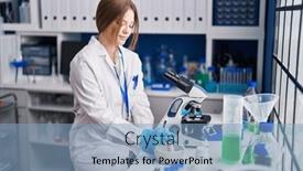  Presentation with scientist - Theme having young-caucasian-woman-scientist-smiling background and a light blue colored foreground