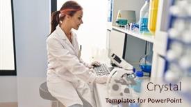  Presentation with scientist - Presentation theme featuring young-caucasian-woman-scientist-using background and a  colored foreground