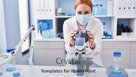  Presentation with microscope - Presentation enhanced with young-caucasian-woman-scientist-wearing background and a light gray colored foreground