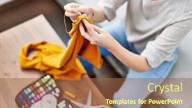  Presentation with sewing needle - Presentation having young-caucasian-woman-sewing-using background and a tawny brown colored foreground