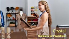  Presentation with scanning - Presentation with young-caucasian-woman-shopkeeper-scanning background and a tawny brown colored foreground