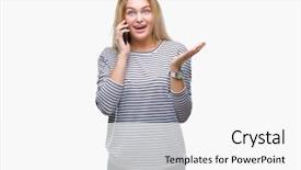  Presentation with weight loss woman showing - Amazing theme having young caucasian woman showing smartphone backdrop and a  colored foreground