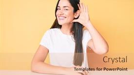  Presentation with listening woman - Presentation theme consisting of young-caucasian-woman-sitting background and a coral colored foreground