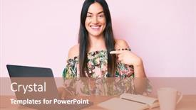  Presentation with coffee book - Colorful PPT theme enhanced with young-caucasian-woman-sitting backdrop and a coral colored foreground