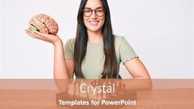  Presentation with standing sitting - Cool new PPT theme with young-caucasian-woman-sitting backdrop and a coral colored foreground
