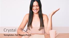  Presentation with coffee book - Amazing slide deck having young-caucasian-woman-sitting backdrop and a lemonade colored foreground