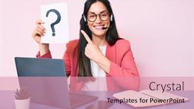  Presentation with call center - Colorful presentation design enhanced with young-caucasian-woman-sitting backdrop and a coral colored foreground
