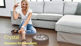  Presentation with home - Presentation design featuring young-caucasian-woman-sitting background and a violet colored foreground