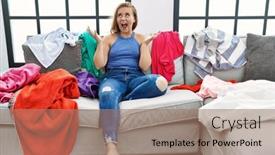  Presentation with frustration - PPT layouts with young-caucasian-woman-sitting background and a coral colored foreground