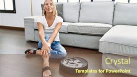  Presentation with robot face - Slides having young-caucasian-woman-sitting background and a violet colored foreground