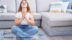  Presentation with praying hands - PPT theme featuring young-caucasian-woman-sitting background and a light blue colored foreground